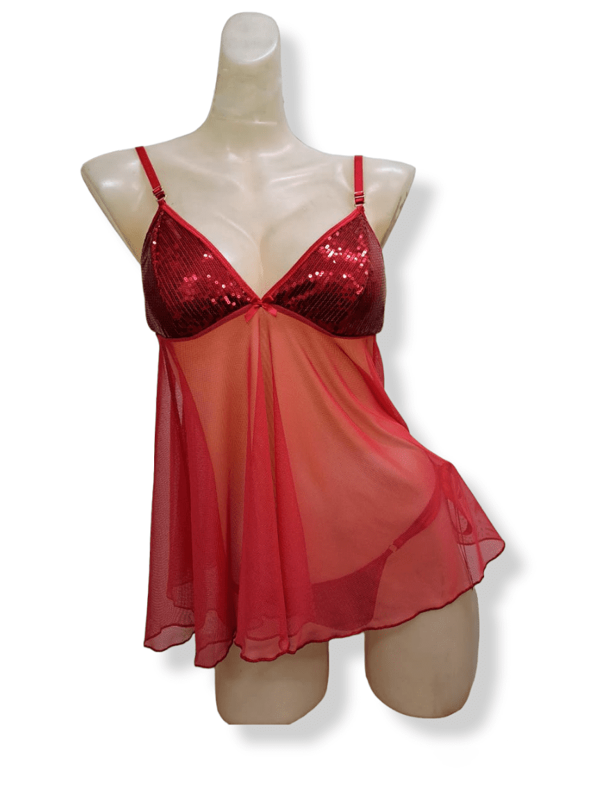 Baby Doll Mesh Lentejuela Con Nudo En Panty Sherly Cocoa Lingerie